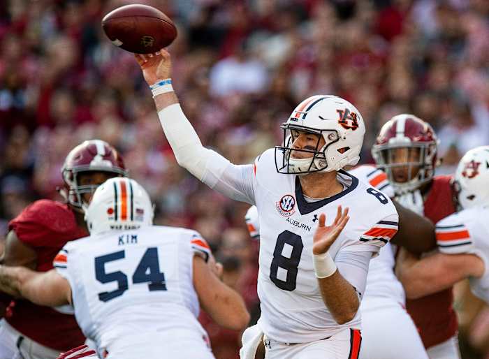 Auburn quarterback Jarrett Stidham (8) passes against Alabama in first half action during the Iron Bowl at Bryant-Denny Stadium in Tuscaloosa, Ala., on Saturday November 24, 2018. Iron13